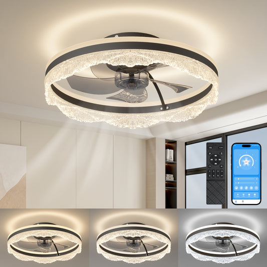Smart Silent Ceiling Fan with Light. Flush Mount LED Fan Lamp with Hidden Blades.